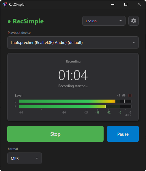 RecSimple за време на снимање што тече