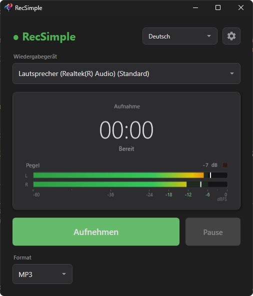 RecSimple-Hauptfenster: Gerätewahl, Pegelanzeige, Aufnahmeknopf